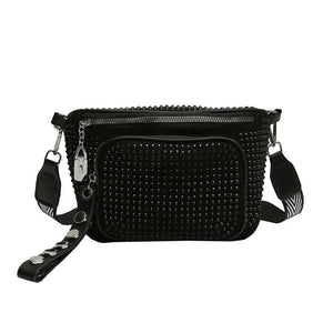Women Leather Diamond Shoulder Bag Wide Strap Chest Bag Rhinestones Waist Pack