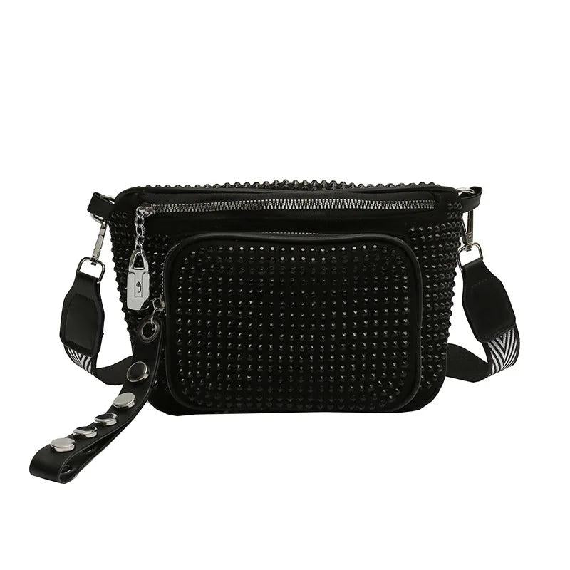 Women Leather Diamond Shoulder Bag Wide Strap Chest Bag Rhinestones Waist Pack