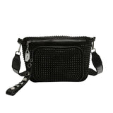 Women Leather Diamond Shoulder Bag Wide Strap Chest Bag Rhinestones Waist Pack