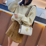 Women Leather Handbags with Rotating Metal Lock Shoulder Bags