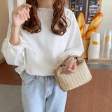 Straw Crossbody Bucket Bag Lock Handle Shoulder Beach Bag
