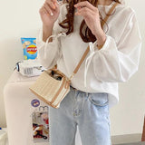 Straw Crossbody Bucket Bag Lock Handle Shoulder Beach Bag