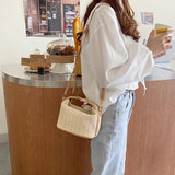 Straw Crossbody Bucket Bag Lock Handle Shoulder Beach Bag
