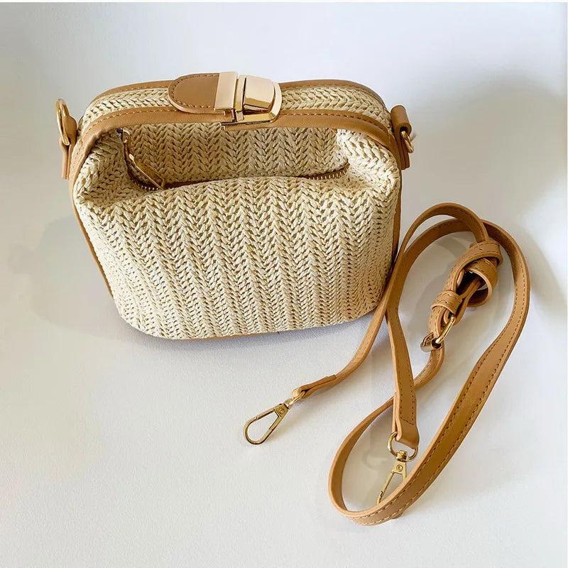 Straw Crossbody Bucket Bag Lock Handle Shoulder Beach Bag