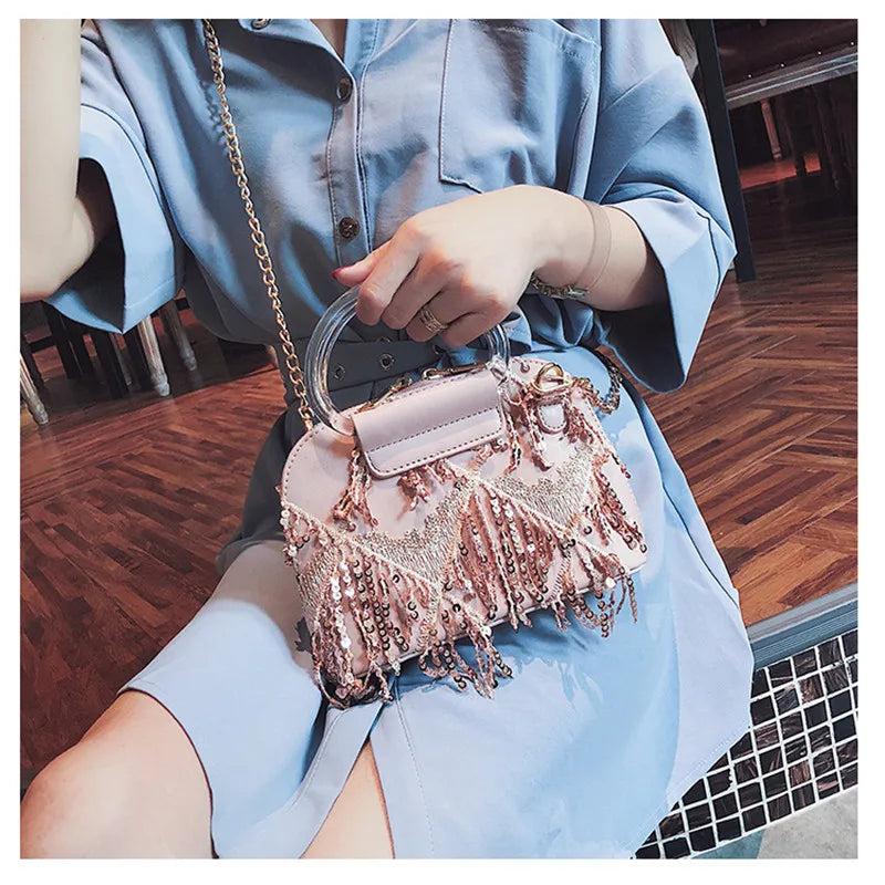 Sequins Crossbody Bag For Women Small Shoulder Messenger Bag with Tassel