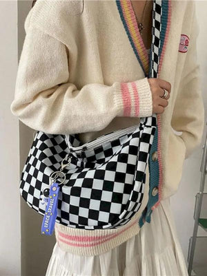 Checkerboard Grid Tote Bag Vintage Large Capacity Shopper Shoulder Bag