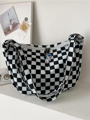 Checkerboard Grid Tote Bag Vintage Large Capacity Shopper Shoulder Bag