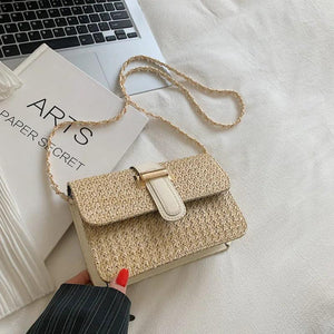 Straw Shoulder Bag Crossbody Chain Square Travel Shopping Bag
