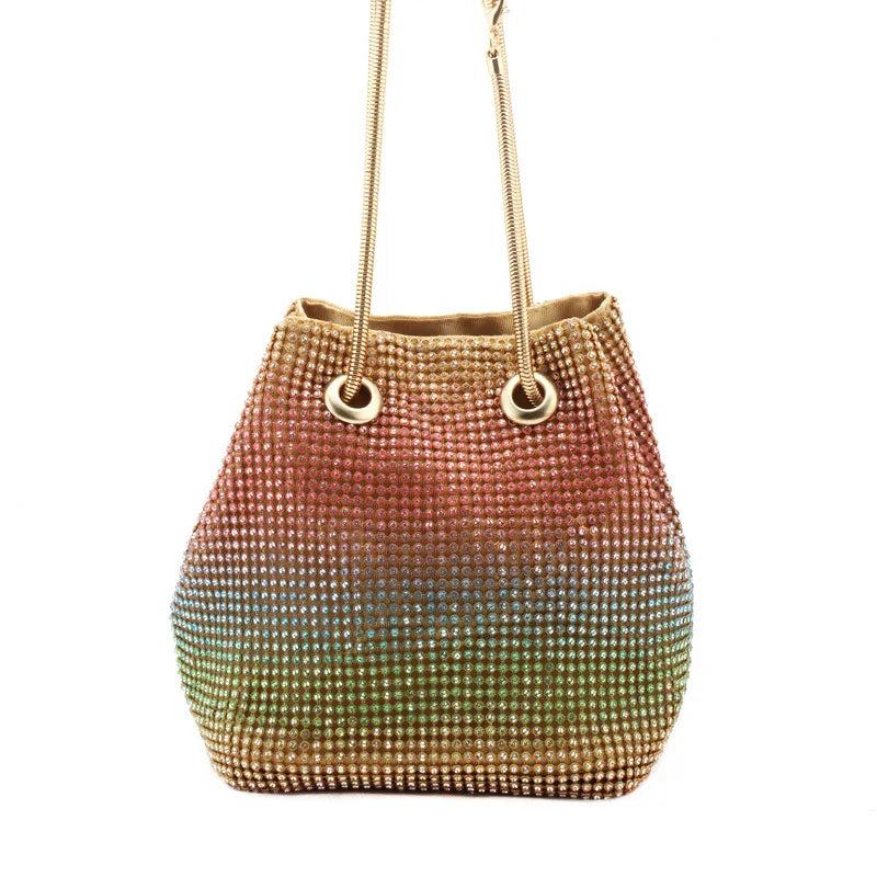 Rainbow Rhinestone Evening Bag with Snake Chain