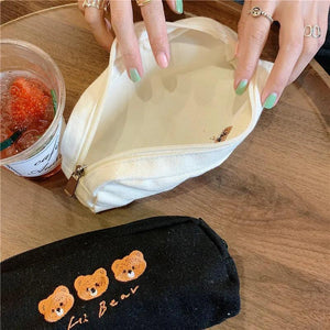 Cute Brown Bear Embroidered Canvas Cosmetic Bag