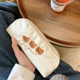 Cute Brown Bear Embroidered Canvas Cosmetic Bag