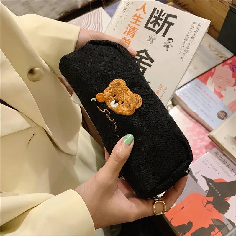Cute Brown Bear Embroidered Canvas Cosmetic Bag