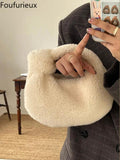 Foufurieux Lamb Wool Small Girls Bag Winter Solid Knotted Handbag