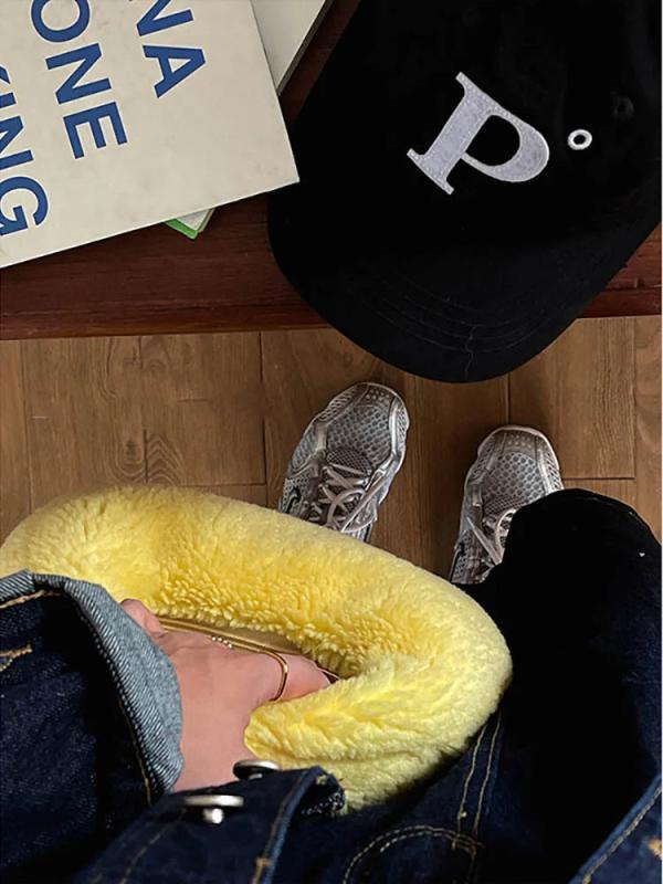 Foufurieux Lamb Wool Small Girls Bag Winter Solid Knotted Handbag