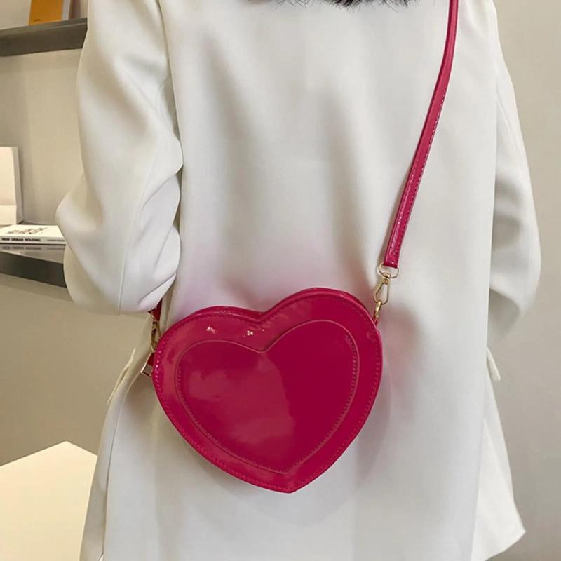 Love Heart Shape Shoulder Bag Glossy PU Solid Satchel for Girls