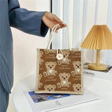 Women Bear Pattern Shoulder Bag Flax Mini Handbag Casual Lunch Bag