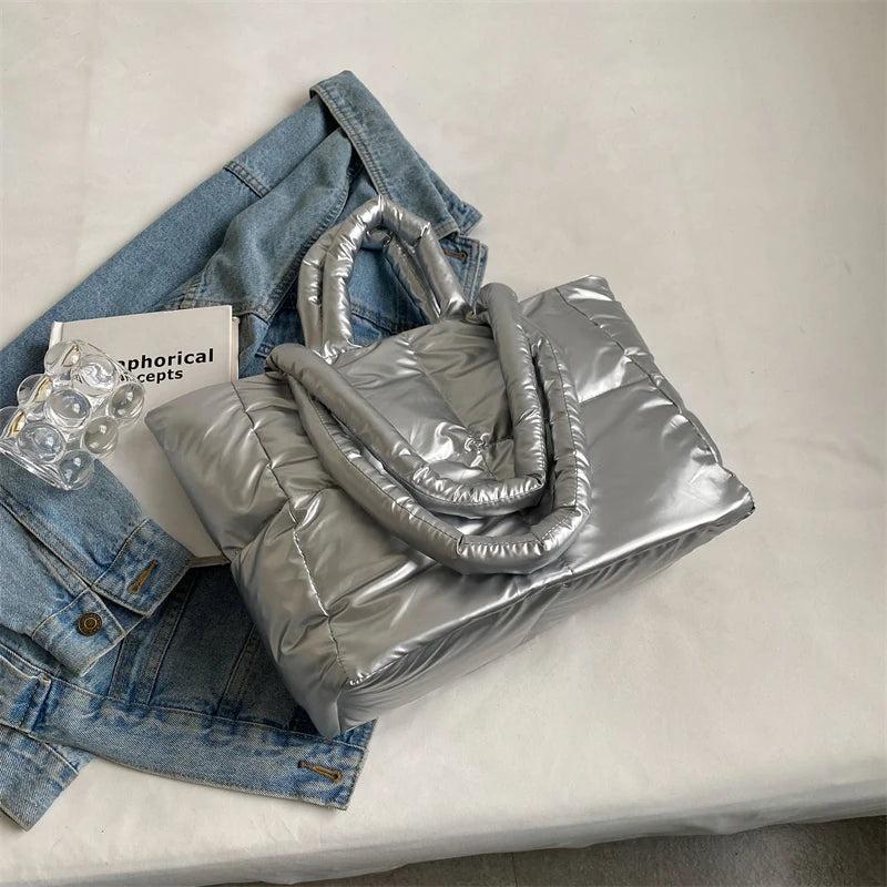 Down Cotton Handbag Large Tote Winter Soft Padded Shoulder Bags For Women