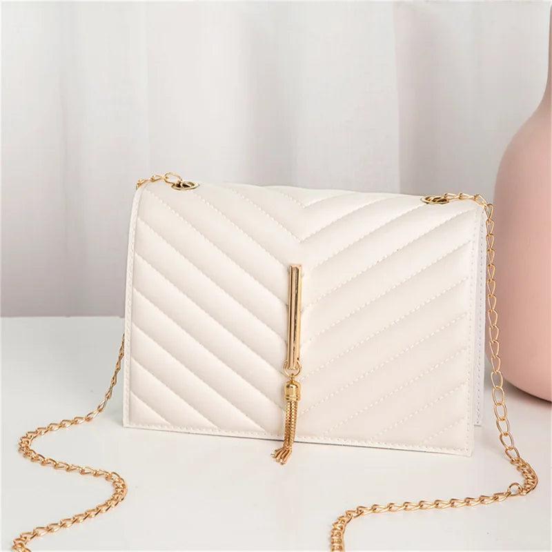 V Pattern Lattice Small Shoulder Bag Embroidered PU Leather Handbag for Women