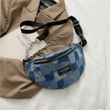 Denim Plaid Waist Bag Chain Zipper Shoulder Bags Retro Crossbody Bag