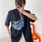 Denim Plaid Waist Bag Chain Zipper Shoulder Bags Retro Crossbody Bag