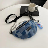 Denim Plaid Waist Bag Chain Zipper Shoulder Bags Retro Crossbody Bag