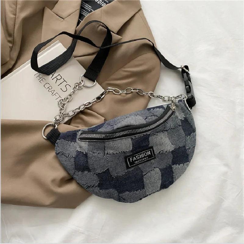 Denim Plaid Waist Bag Chain Zipper Shoulder Bags Retro Crossbody Bag