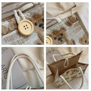 Japanese Bear Linen Tote Bag for Outing