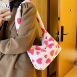 Fluffy Love Heart Print Shoulder Bag for Holiday Party