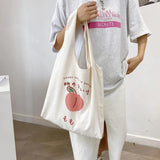 Peach Print Canvas Shoulder Bags For Women Ladies Large Capacity Tote