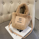Women Plush Handbags Autumn Winter Bucket Shoulder Bag Letter Messenger Bag