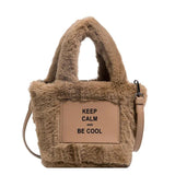 Women Plush Handbags Autumn Winter Bucket Shoulder Bag Letter Messenger Bag