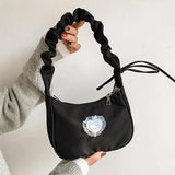 Women Canvas Pleated Armpit Handbags Mini Heart Pattern Shoulder Crossbody Bag