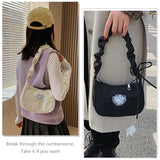 Women Canvas Pleated Armpit Handbags Mini Heart Pattern Shoulder Crossbody Bag