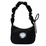 Women Canvas Pleated Armpit Handbags Mini Heart Pattern Shoulder Crossbody Bag