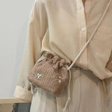 Lace Flower Decor Drawstring Shoulder Crossbody Handbag