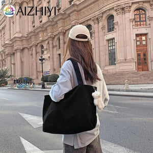 Vintage Corduroy Shoulder Bag Women Winter Solid Handbag for Shopping Travel