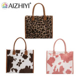 Leopard Print Plush Handbag Set with Square Wallet