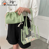 2pcs/set Transparent PVC Handbag with PU Jelly Totes Women Shoulder Bags