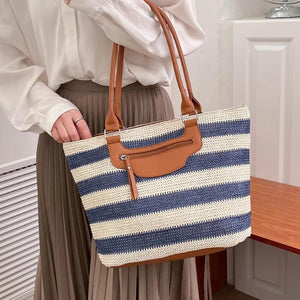 Striped Knit Women Shoulder Bag Large Capacity Handbag Tote with Zipper