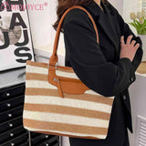Striped Knit Women Shoulder Bag Large Capacity Handbag Tote with Zipper