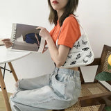 Spring Butterfly Print Canvas Tote Underarm Bag