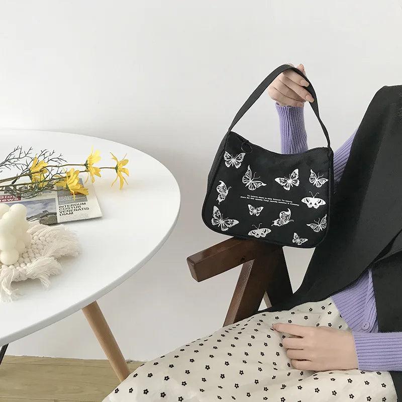 Spring Butterfly Print Canvas Tote Underarm Bag