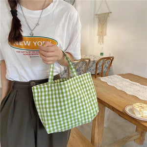 Cotton Women Lunch Bento Bag Vintage Plaid Canvas Ladies Handbags