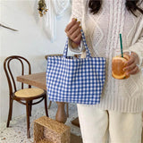Cotton Women Lunch Bento Bag Vintage Plaid Canvas Ladies Handbags