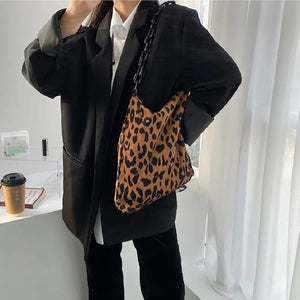 Leopard/Black Shoulder Bag Wild Literary Corduroy Handbag