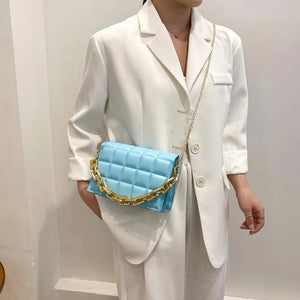Women PU Messenger Bag Casual Thick Chain Checker Pattern Flap Handbag