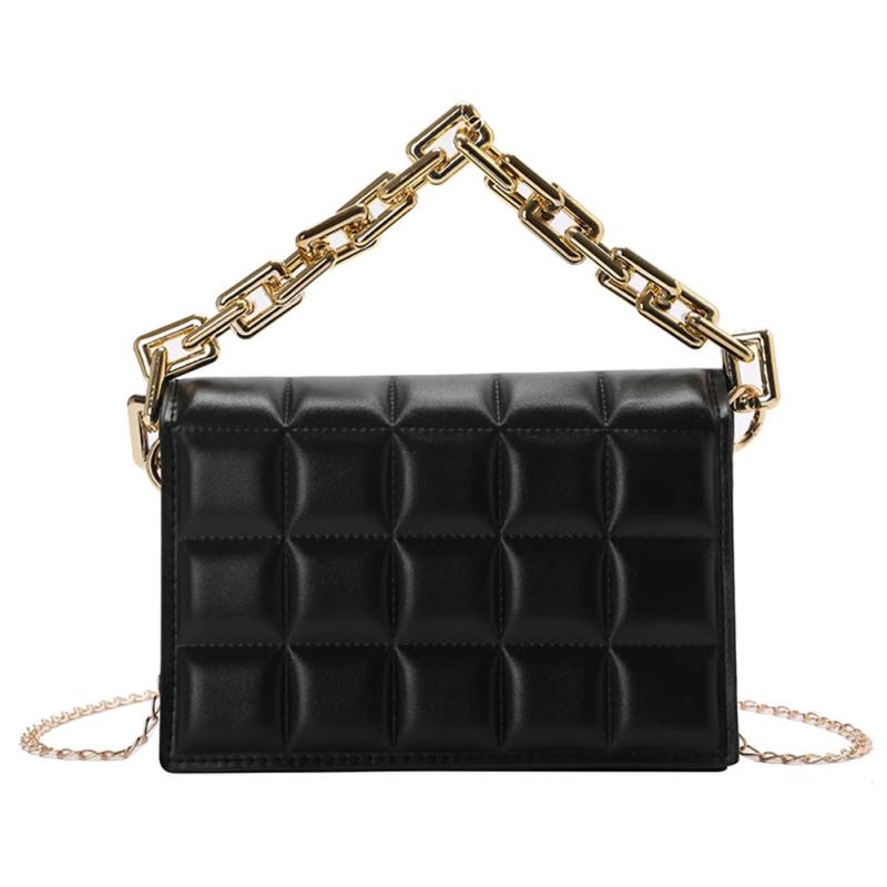 Women PU Messenger Bag Casual Thick Chain Checker Pattern Flap Handbag