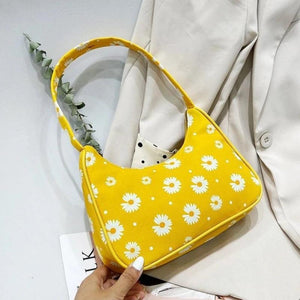 Daisy Flower Print Canvas Shoulder Underarm Bag Women Square Bags