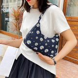 Daisy Flower Print Canvas Shoulder Underarm Bag Women Square Bags