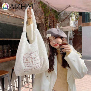 Bear Plush Shoulder Bag Large Capacity Embroidered Handbag for Autumn